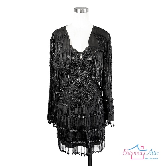 Helen Storey Beaded Lace Party Dress Black Made in England Preowned Size M - Picture 1 of 14